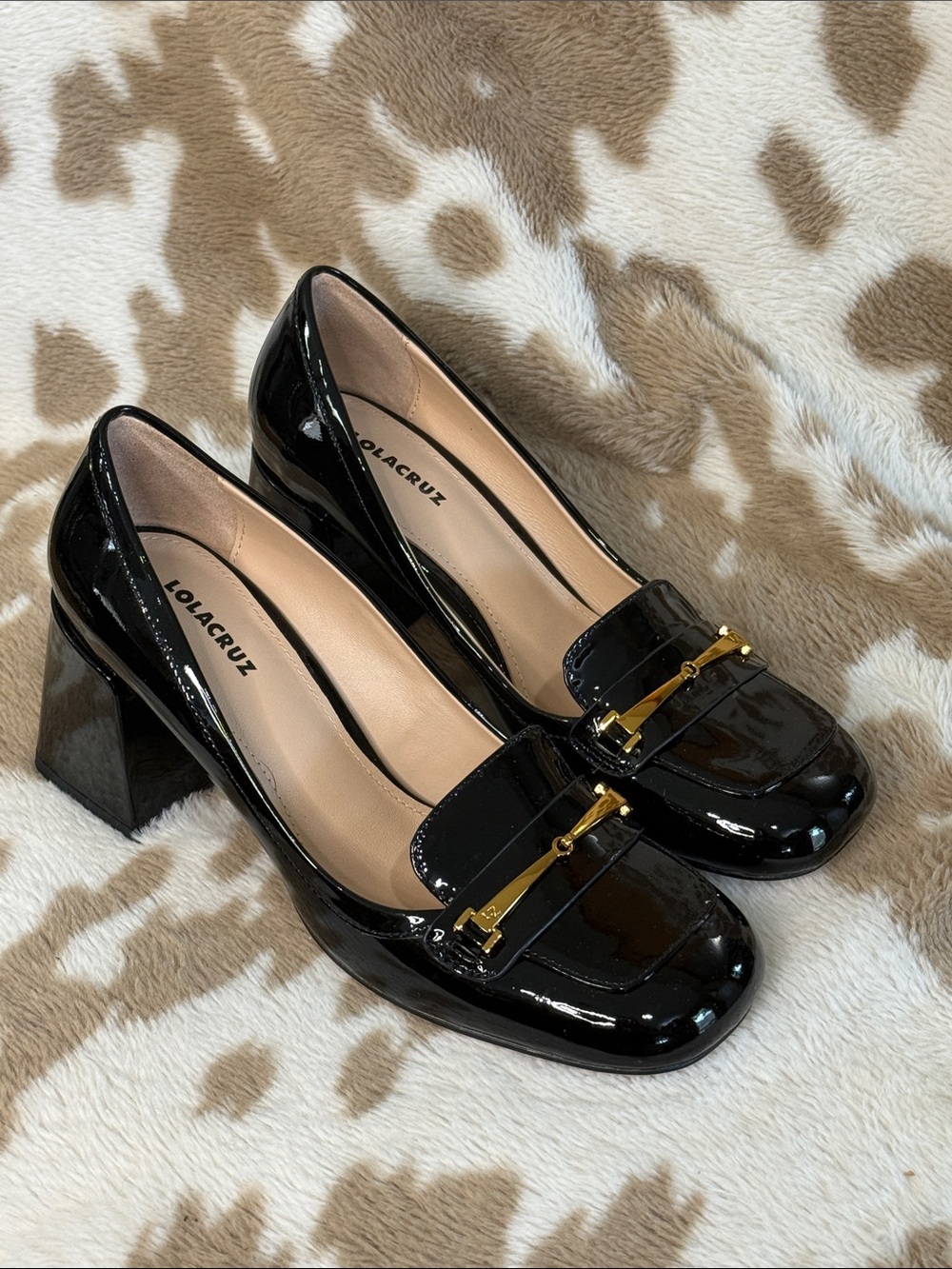 LOLA CRUZ Black Patent Block Heel Loafers with Gold Accent